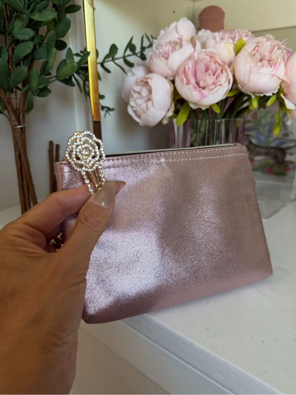 Metallic pink Wristlet Pouch - Elegant Clutch Bag w camellia clip